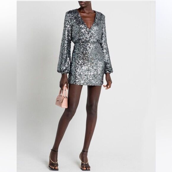NWT O.P.T Anthropologie Silver Grey Sequin Deep V Neck Mini Party Dress Xsmall - Picture 1 of 7
